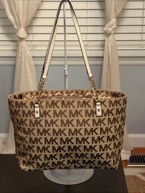 Michael Kors Tan Brown MK Logo Tote with Cream Straps